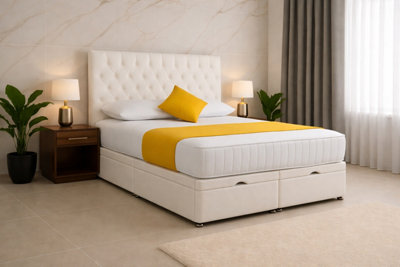 Comfy Deluxe 3Ft Single White Plush Cf Chesterfield Ottoman Lift Open Storage Bed Set Headboard With Mattress from B&Q