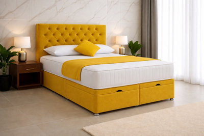 Comfy Deluxe 4Ft6 Double Mustard Plush Cf Chesterfield Ottoman Lift Open Storage Bed Set Headboard With Mattress from B&Q