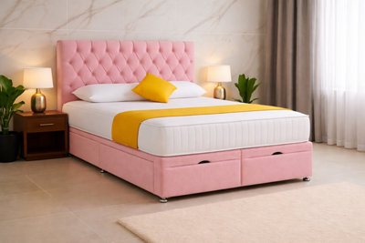 Comfy Deluxe 4Ft Small Pink Plush Cf Chesterfield Ottoman Lift Open Storage Bed Set Headboard With Mattress from B&Q