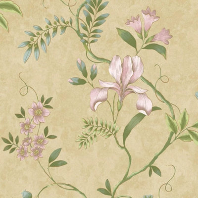 Holden Decor Honey, Yellow Rasch Echoes Of Eden Dancing Iris Metallic Floral Wallpaper, Honey (100104) | Wallcovering For Bedroom, Living Room And Home Office, Pink Blooms With Curling Green Foliage, Smooth Matte Finish - Image 6