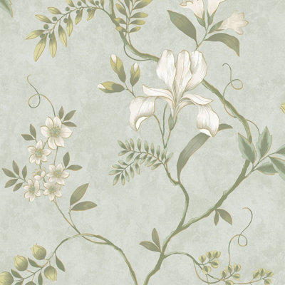 Rasch Wallpaper Dancing Iris Duck Egg Wallpaper - Heavyweight Paper - Metallic Flecks - Green - Image 5