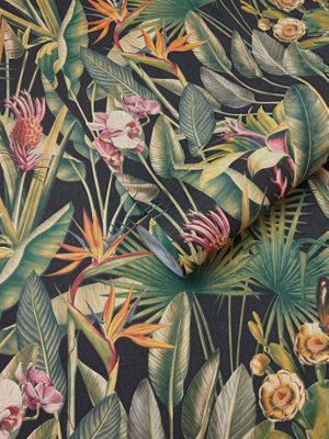 B&Q -  Zanzibar Green Black Heavyweight Vinyl Paste The Paper Wallpaper 400006