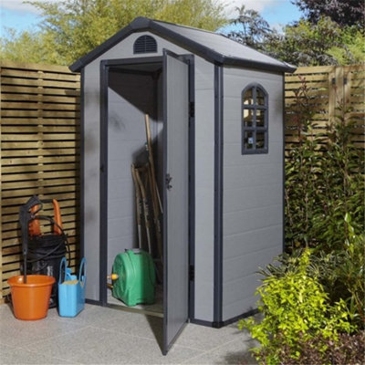 Cheshire 4Ft X 3Ft Deluxe Stratton Plastic Shed Single Door Apex Shed With Foundation KitLight Grey from B&Q