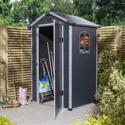 Cheshire 4Ft X 3Ft Deluxe Stratton Plastic Shed Single Door Apex Shed With Foundation KitDark Grey from B&Q