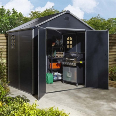 Cheshire 8Ft X 6Ft Deluxe Stratton Plastic Shed Double Door Apex Shed With Foundation KitDark Grey from B&Q