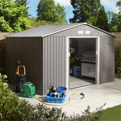 Cheshire 10Ft X 8FtDeluxe Ironwood Metal Apex Shed With Double Doors & Foundation KitLight Grey from B&Q