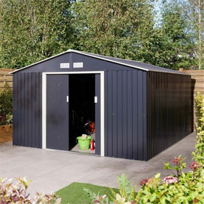 Cheshire 10Ft X 12FtDeluxe Ironwood Metal Apex Shed With Double Doors & Foundation KitDark Grey from B&Q