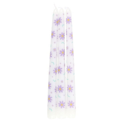 Something Different Daisy Taper Candle (Pack Of 3) Purple/white (One Size) from B&Q