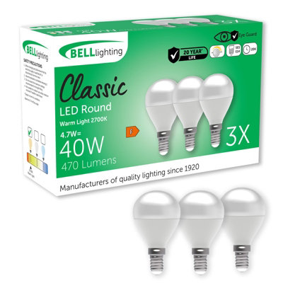 Bell Lighting E14 Dimmable Led Golf Ball Bulb 3 Pack Warm White 2700K 470Lm 4.7W Round Small Screw 40W Equivalent from B&Q