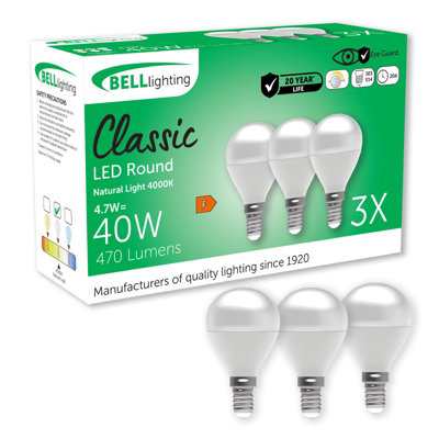 Bell Lighting E14 Dimmable Led Golf Ball Bulb 3 Pack Natural White 4000K 470Lm 4.7W Round Small Screw 40W Equivalent from B&Q