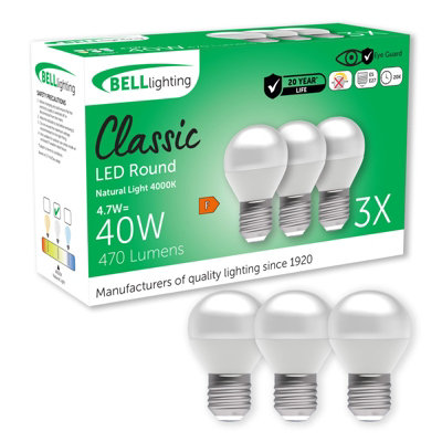 Bell Lighting E27 Non-Dimmable Led Golf Ball Bulb 3 Pack Natural White 4000K 470Lm 4.7W Edison Screw 40W Energy Saving from B&Q