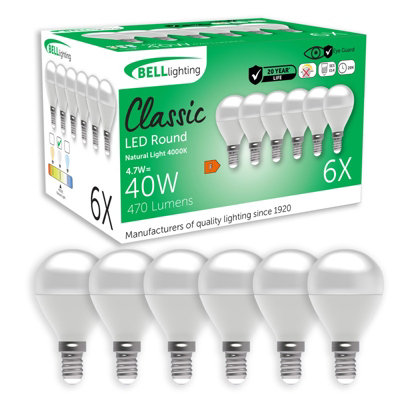 Bell Lighting E14 Non-Dimmable Led Golf Ball Bulbs 6 Pack Natural White 4000K 470Lm 4.7W 40W Energy Saving Equivalent from B&Q