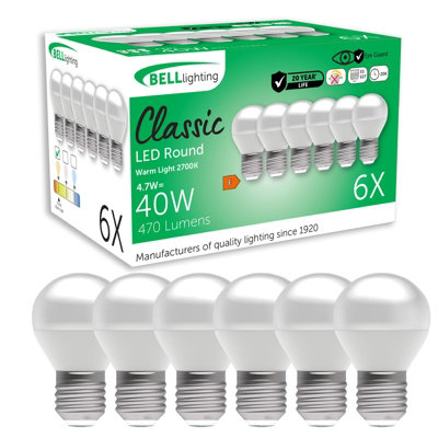 Bell Lighting E27 Non-Dimmable Led Golf Ball Bulbs 6 Pack Warm White 2700K 470Lm 4.7W 40W Energy Saving Replacement from B&Q
