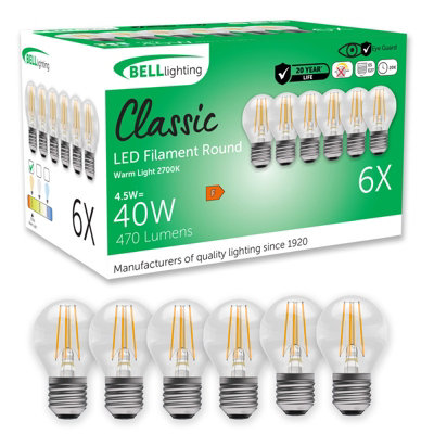 B&Q -  E27 Non-Dimmable Led Filament Golf Ball Bulbs 6 Pack Warm White 2700K 4.5W 470Lm 40W Equivalent