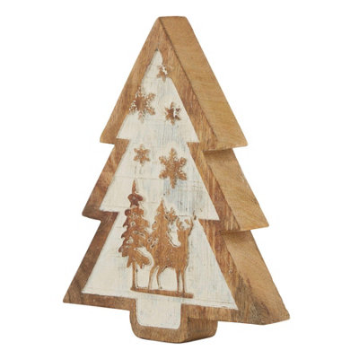 B&Q -  Wooden Deer Snow Scene Tree Decoration Brown/white (One Size)