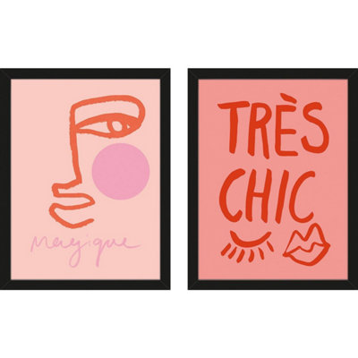 B&Q Grace Digital Magiqueface / Très Chic Framed Print Set (Pack Of 2) Black/ (43Cm X 33Cm) Pink/Black