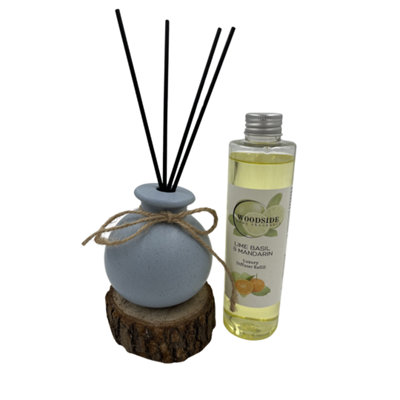 Woodside Round Blue Pastel Ceramic Reed Diffuser Vase With Woodside Luxury Refill Lime Basil & Mandarin from B&Q
