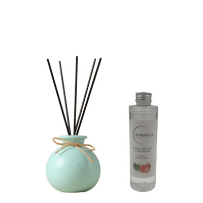 Woodside Pastel Green Round Ceramic Reed Diffuser Vase With Woodside Luxury RefillStrawberry & Rhubarb