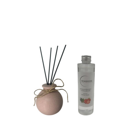 Woodside Pastel Pink Round Ceramic Reed Diffuser Vase With Woodside Luxury RefillStrawberry & Rhubarb