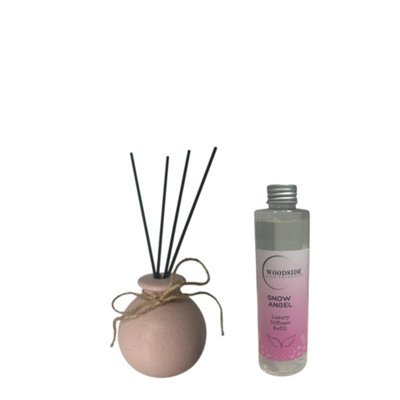 Woodside Pastel Pink Round Ceramic Reed Diffuser Vase With Woodside Luxury RefillSnow Angel