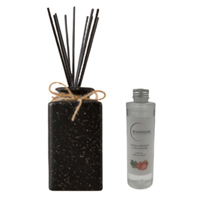 Woodside Pastel Black Square Ceramic Reed Diffuser Vase With Woodside Luxury RefillStrawberry & Rhubarb