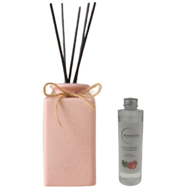 Woodside Pastel Pink Square Ceramic Reed Diffuser Vase With Woodside Luxury RefillStrawberry & Rhubarb
