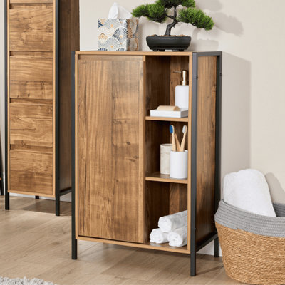 B&Q -  Locastra Mango Oak Effect & Black Metal 1 Door Bathroom Storage Cabinet With Open Shelves