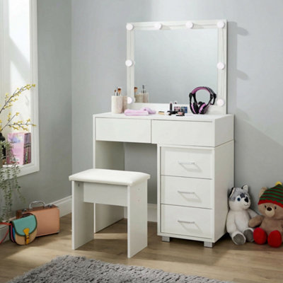 Home Source Unisex White Drawer Dressing Table Vanity Makeup Desk Lighting Mirror & Stool In Size 5 - Image 4