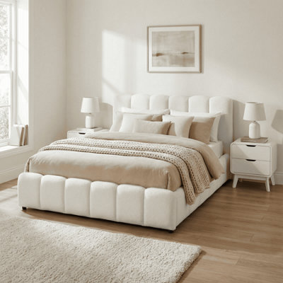Home Source Ottoman Bed - King Size - White - Boucle - Fluted Headboard - Image 5