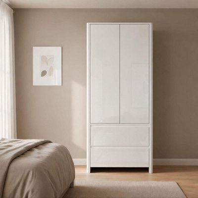 Home Source Unisex White Ardenza High Gloss Door Wardrobe With Drawers & Hanging Rail In Size 2 - Image 3