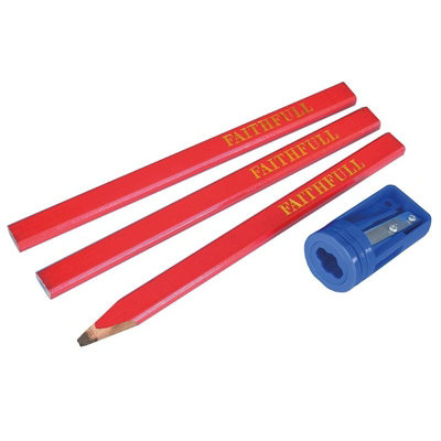 Faithfull Carpenters' Pencils Red (Pack 3 + Sharpener) - Red - Image 3