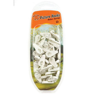 X Hard Wall Hooks Medium White Nylon 30Pk One Colour (One Size) from B&Q