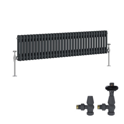 B&Q -  Anthracite Traditional 2 Column Radiator Horizontal Cast Iron Style 300X1460mm With Antique Design Trv Valves