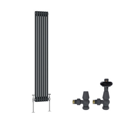 B&Q -  Anthracite Traditional 2 Column Radiator Vertical Cast Iron Style 1500X290mm With Antique Design Angled Trv Valves