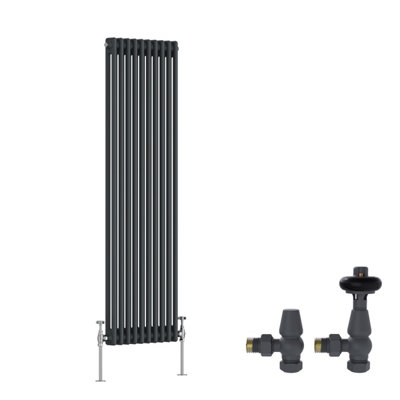 B&Q -  Anthracite Traditional 2 Column Radiator Vertical Cast Iron Style 1500X470mm With Antique Design Angled Trv Valves