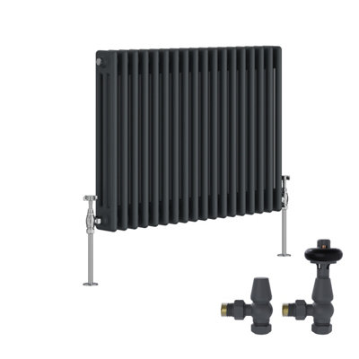 B&Q -  Anthracite Traditional 3 Column Radiator Horizontal Cast Iron Style 600X832mm With Antique Design Trv Valves