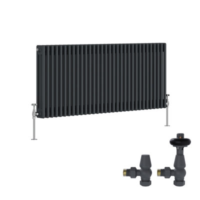 B&Q -  Anthracite Traditional 3 Column Radiator Horizontal Cast Iron Style 600X1462mm With Antique Design Trv Valves