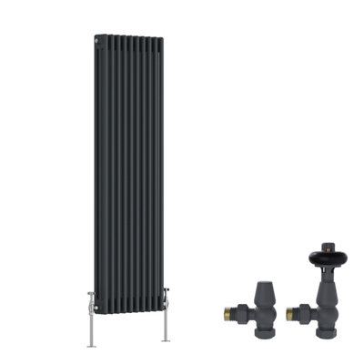 B&Q -  Anthracite Traditional 3 Column Radiator Vertical Cast Iron Style 1500X472mm With Antique Design Angled Trv Valves