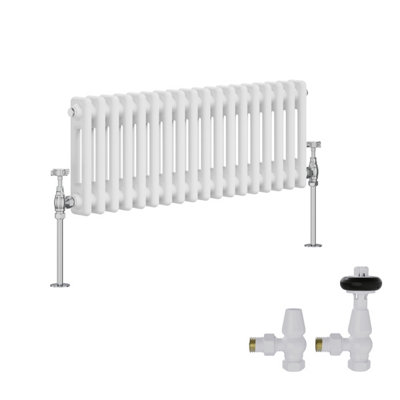 B&Q -  White Traditional 2 Column Radiator Horizontal Cast Iron Style 300X830mm With Antique Design Angled Trv Valves