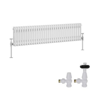 B&Q -  White Traditional 2 Column Radiator Horizontal Cast Iron Style 300X1460mm With Antique Design Angled Trv Valves