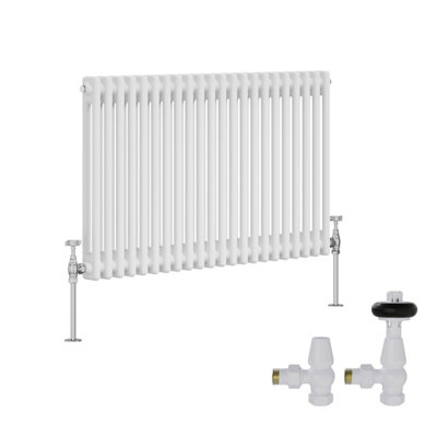 B&Q -  White Traditional 2 Column Radiator Horizontal Cast Iron Style 600X1010mm With Antique Design Angled Trv Valves