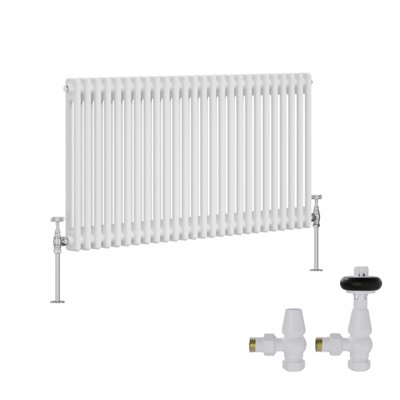 B&Q -  White Traditional 2 Column Radiator Horizontal Cast Iron Style 600X1190mm With Antique Design Angled Trv Valves