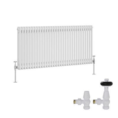 B&Q -  White Traditional 2 Column Radiator Horizontal Cast Iron Style 600X1460mm With Antique Design Angled Trv Valves