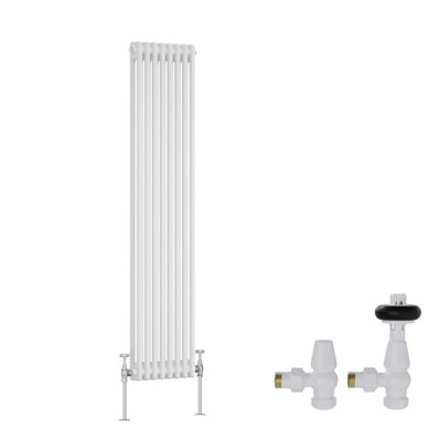 B&Q -  White Traditional 2 Column Radiator Vertical Cast Iron Style 1500X380mm With Antique Design Angled Trv Valves