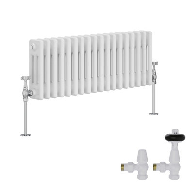B&Q -  White Traditional 3 Column Radiator Horizontal Cast Iron Style 300X832mm With Antique Design Angled Trv Valves