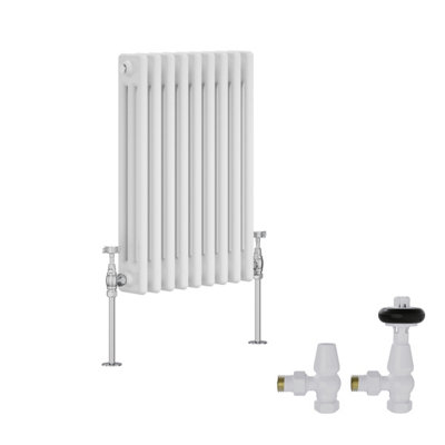B&Q -  White Traditional 3 Column Radiator Horizontal Cast Iron Style 600X427mm With Antique Design Angled Trv Valves