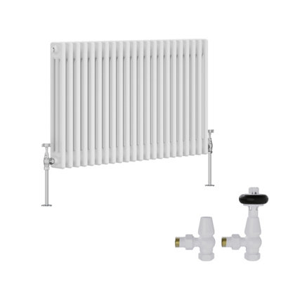 B&Q -  White Traditional 3 Column Radiator Horizontal Cast Iron Style 600X1012mm With Antique Design Angled Trv Valves
