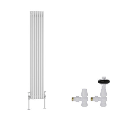 B&Q -  White Traditional 3 Column Radiator Vertical Cast Iron Style 1500X292mm With Antique Design Angled Trv Valves