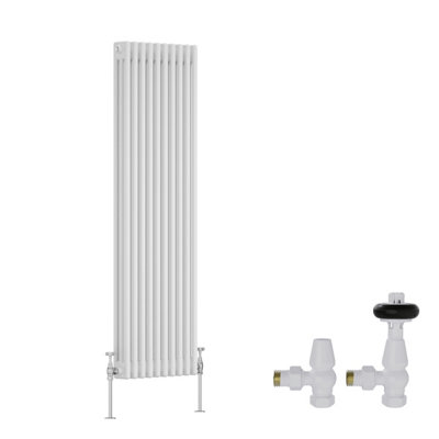 B&Q -  White Traditional 3 Column Radiator Vertical Cast Iron Style 1500X472mm With Antique Design Angled Trv Valves