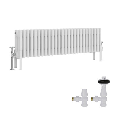 B&Q -  White Traditional 4 Column Radiator Horizontal Cast Iron Style 300X1190mm With Antique Design Angled Trv Valves